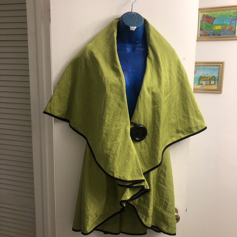 Lime Green “foxy lady” poncho cape waterfall button-up vest with a huge button